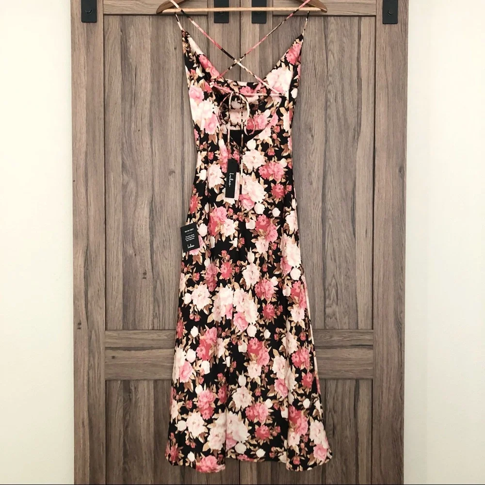 Lulus Moment of Chic Black Floral Print Satin Lace-Up Midi Dress - Picture 6 of 8